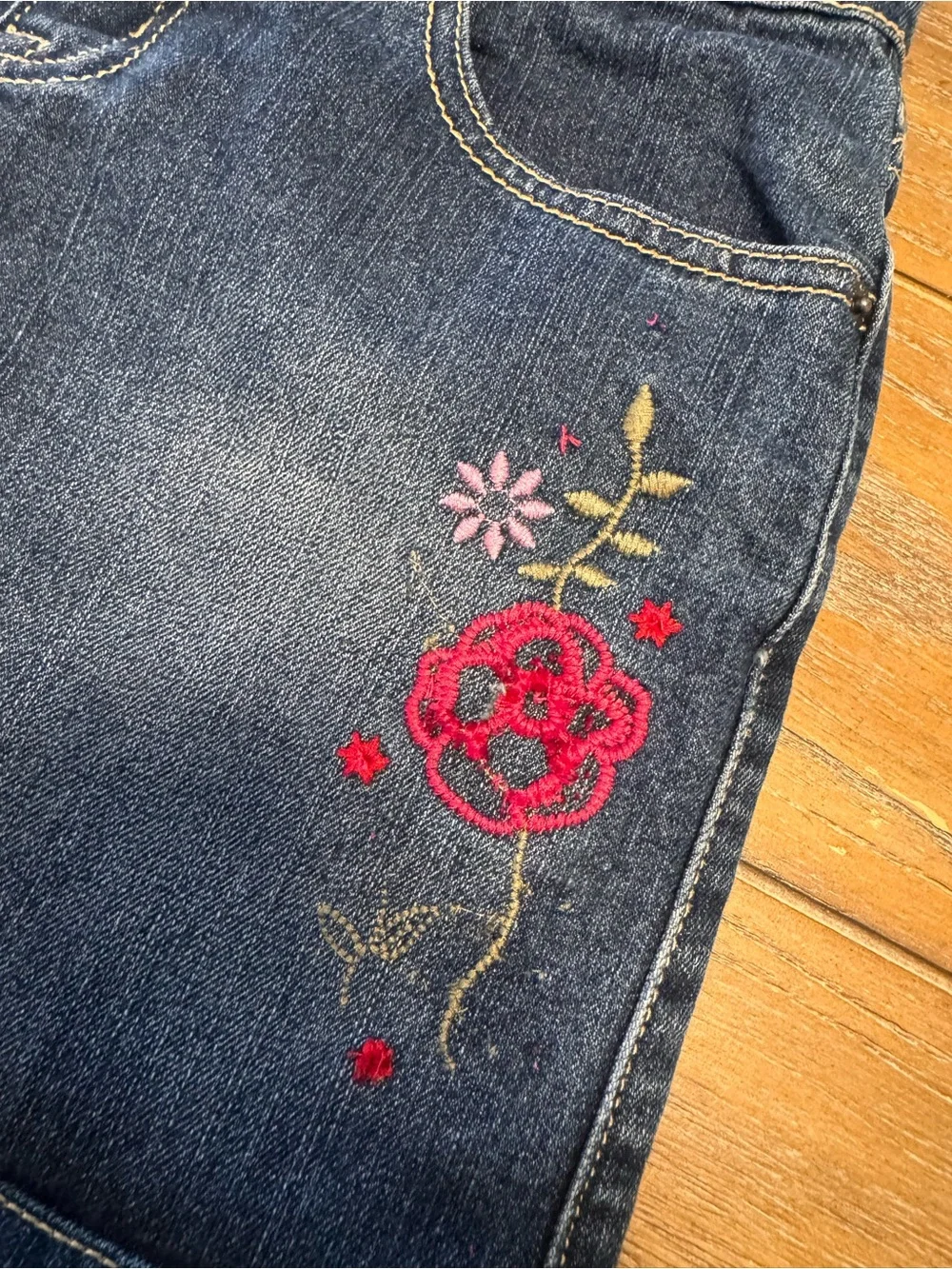 1989 Place Dark Blue Denim Skirt with Red Floral Embroidery #2